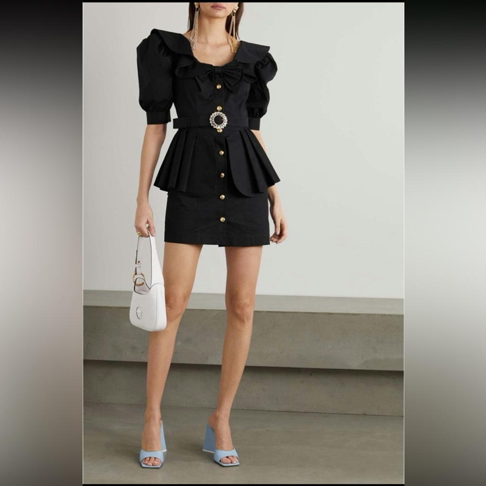 Alessandra Rich Black Cotton-Poplin Gold Buttoned Peplum Mini Dress